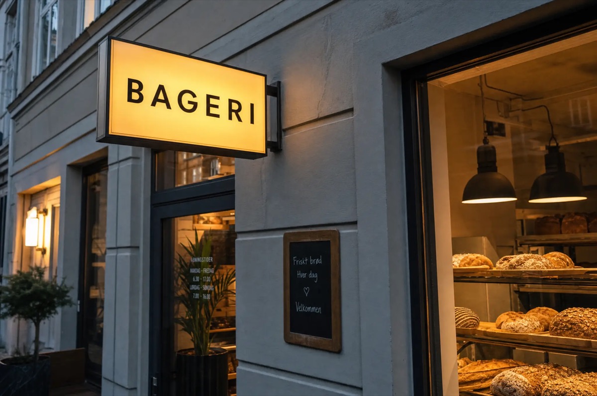 Bageri med lyskasse over indgangen