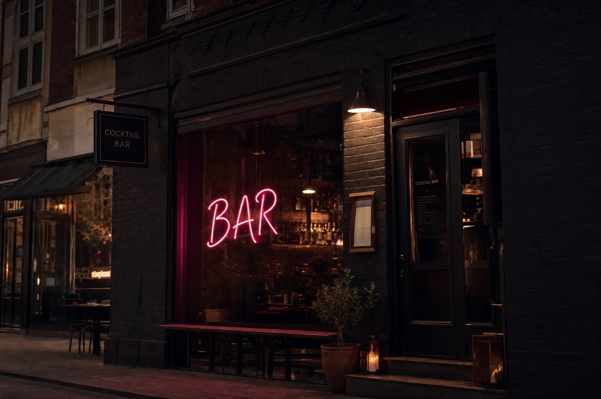 Cocktailbar med LED-neonskilt i vinduet