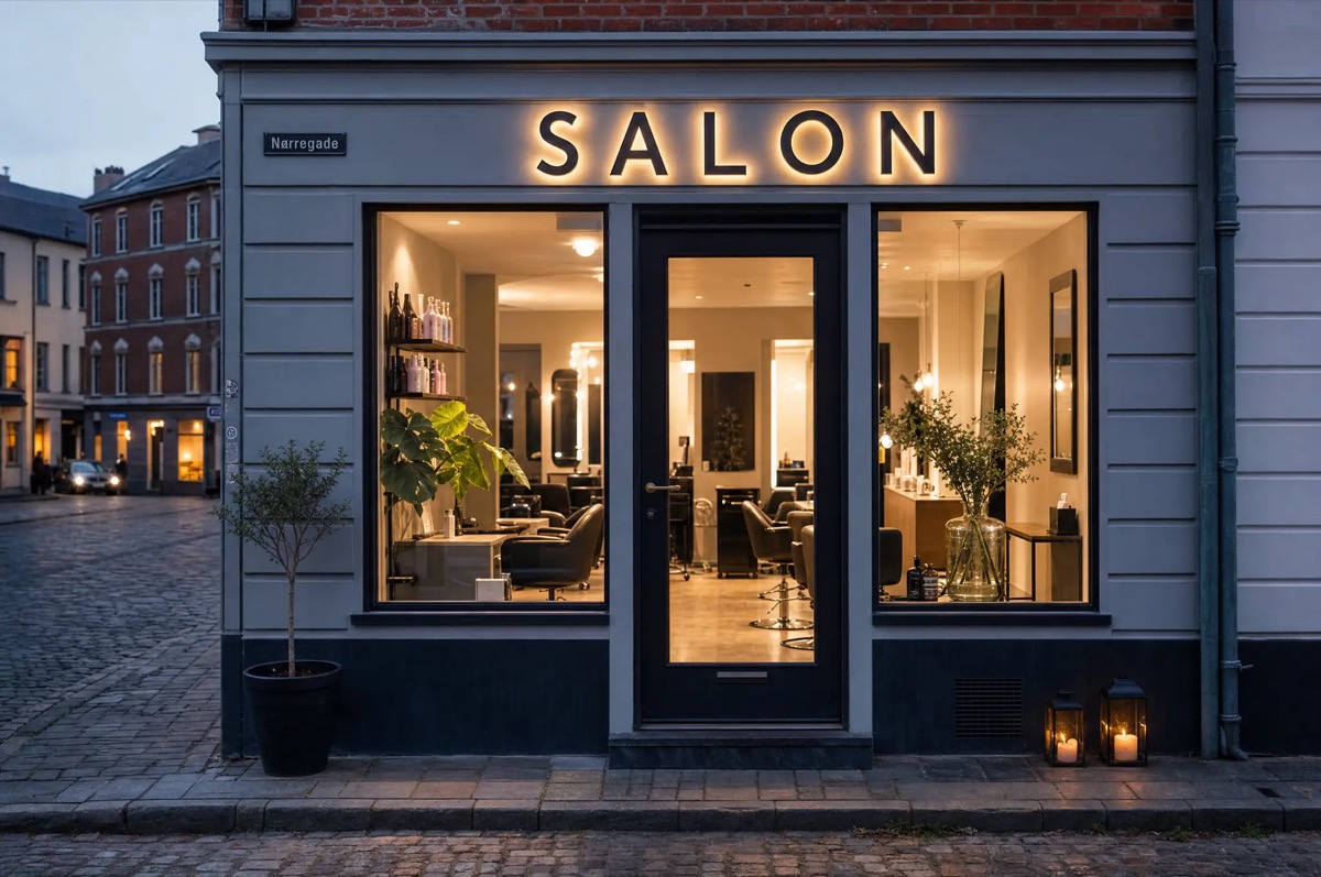 Frisørsalon med LED-frontlysbogstaver på facaden