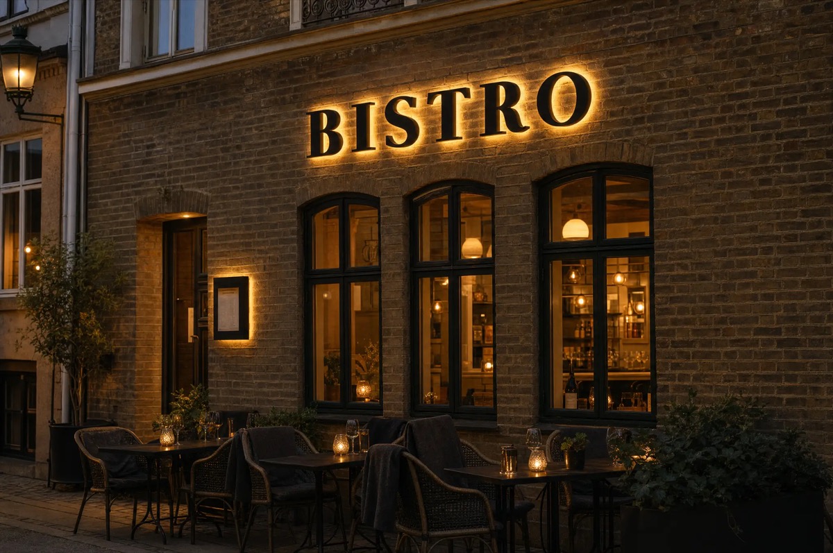 Restaurant med halolys-bogstaver på murstensfacade