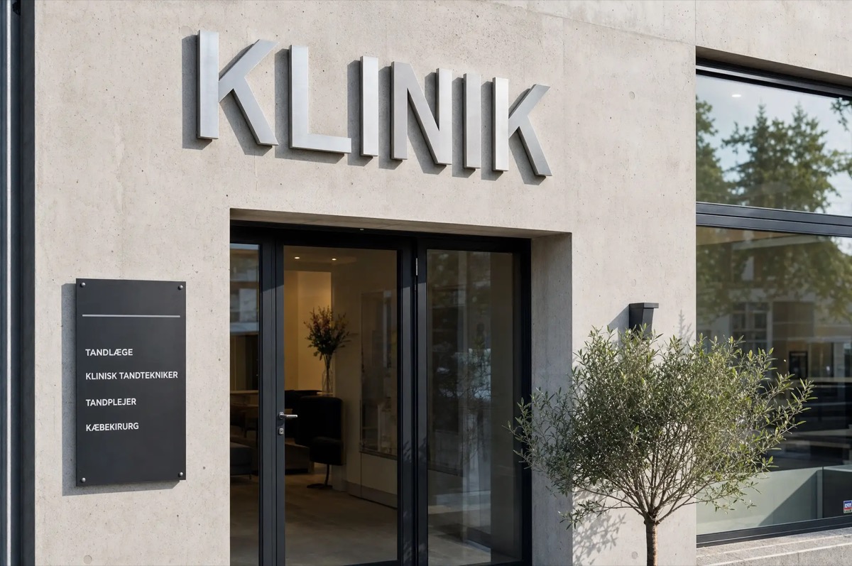Tandklinik med stålbogstaver over indgangen