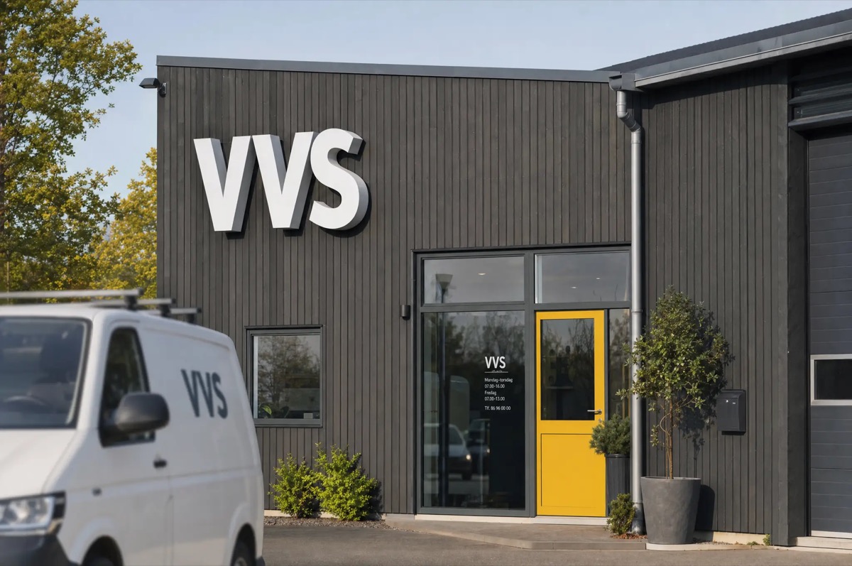 VVS-firma med 3D-bogstaver på facaden