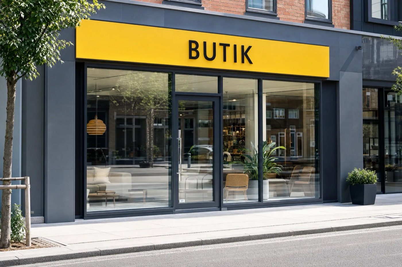 Butiksfacade med pladeskilt over indgangen