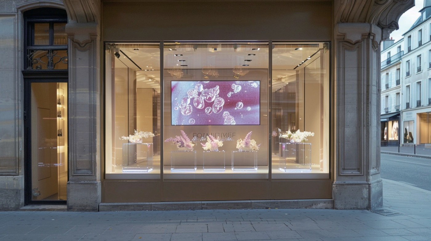 Hængende LED-vinduesdisplay med høj lysstyrke set fra gaden