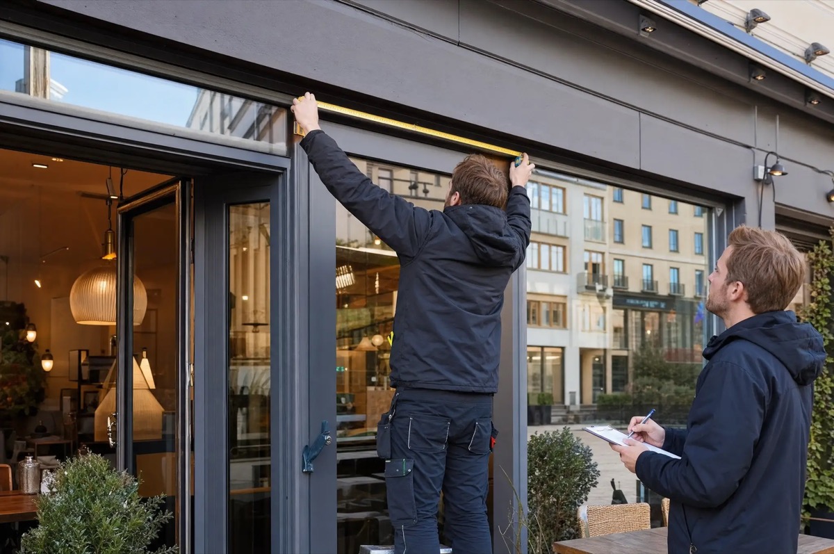 Opmåling af butiksfacade med målebånd