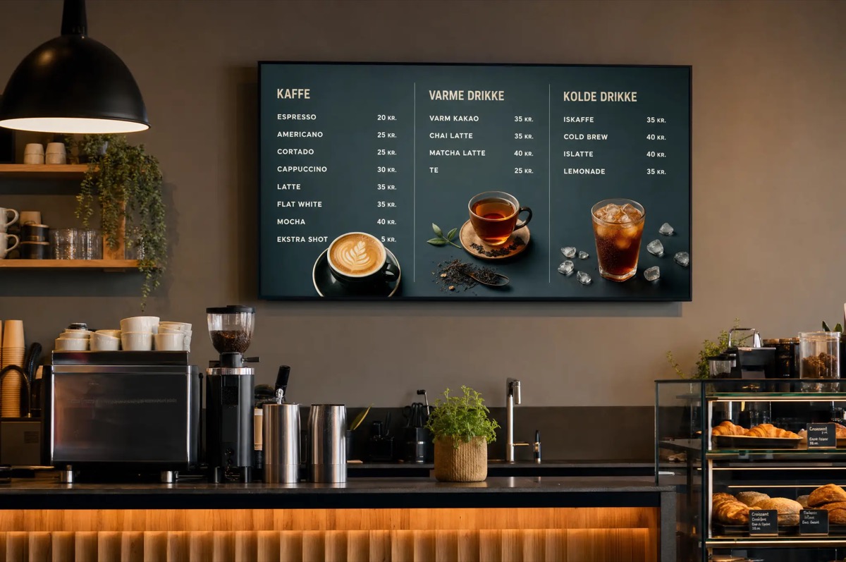 Digitalt menuboard med dagens menu over disken
